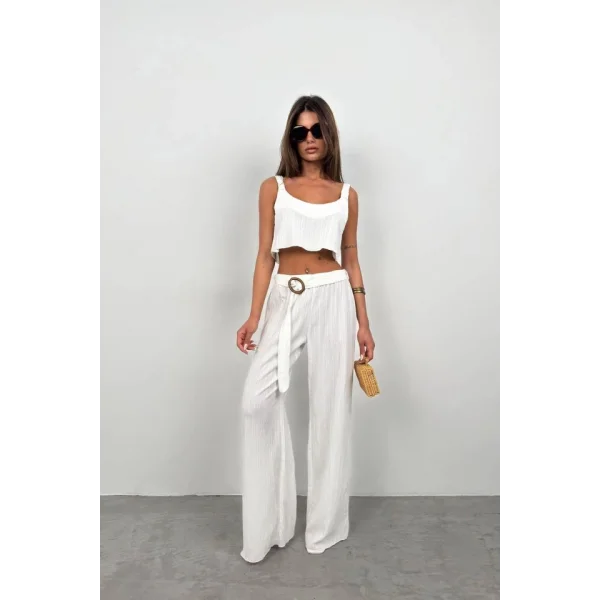 Crop Bluz Kemerli Pantolon Takım