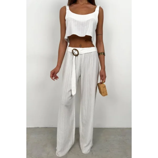 Crop Bluz Kemerli Pantolon Takım