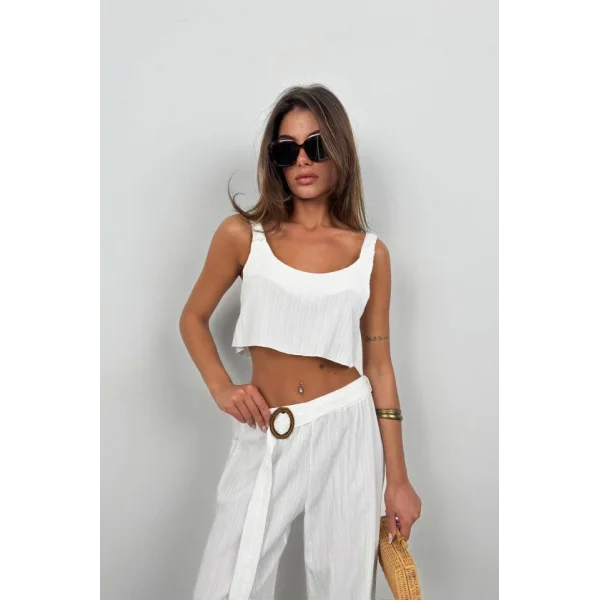 Crop Bluz Kemerli Pantolon Takım