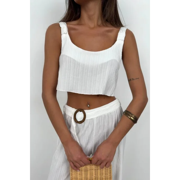Crop Bluz Kemerli Pantolon Takım