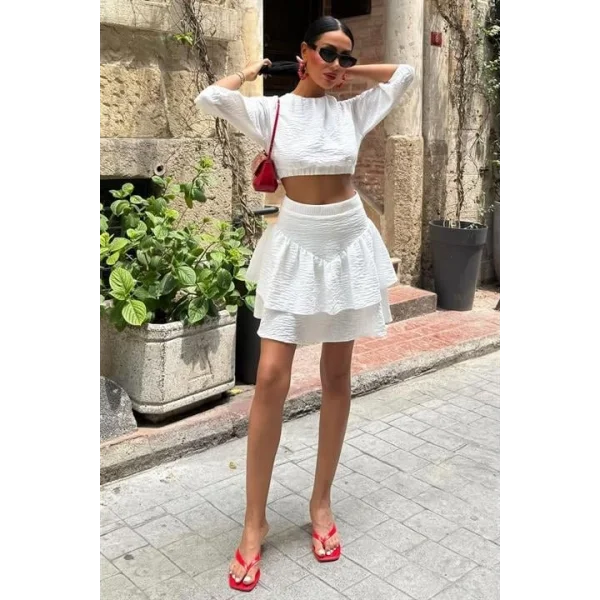 Crop Bluz Ve Kat Kat Etekli Takım 10207