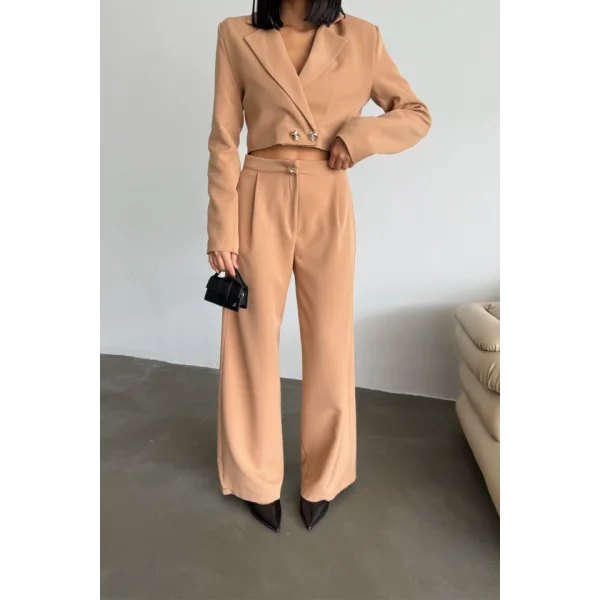 CROP CEKET - PANTOLON TAKIM GOLD DÜĞME DETAYLI - Kahverengi