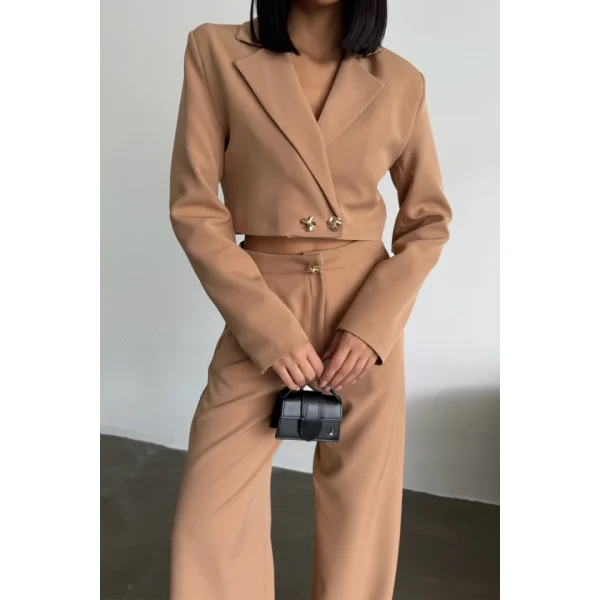 CROP CEKET - PANTOLON TAKIM GOLD DÜĞME DETAYLI - Kahverengi