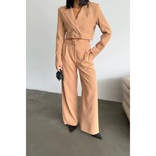 CROP CEKET - PANTOLON TAKIM GOLD DÜĞME DETAYLI - Kahverengi