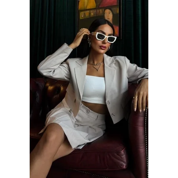 Crop Ceketli Ve Pile Etekli Garnili Takım 10111