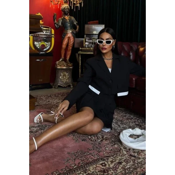 Crop Ceketli Ve Pile Etekli Garnili Takım 10111