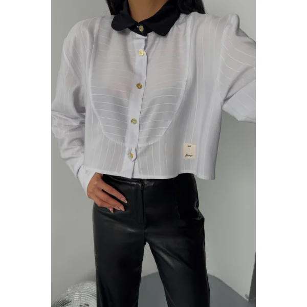 CROP GÖMLEK BEYAZ YAKA VE ETİKET DETAYLI - Beyaz