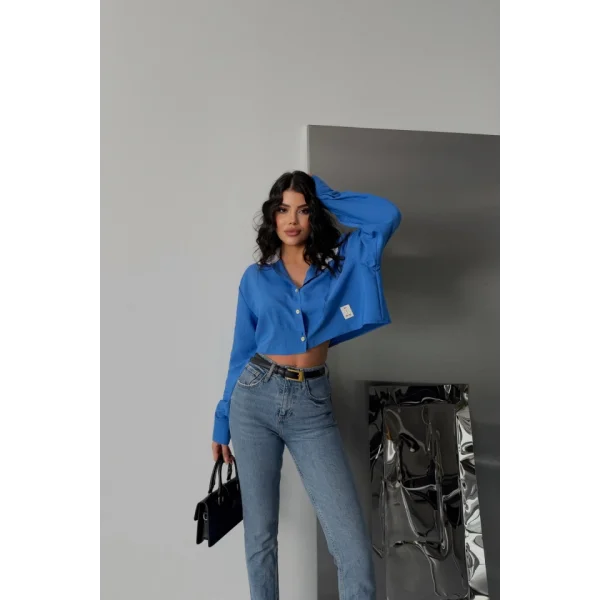 CROP GÖMLEK BEYAZ YAKA VE ETİKET DETAYLI - Mavi