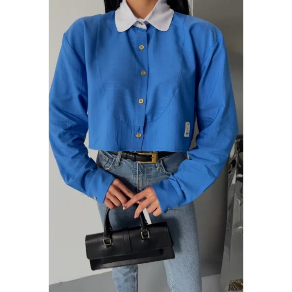 CROP GÖMLEK BEYAZ YAKA VE ETİKET DETAYLI - Mavi