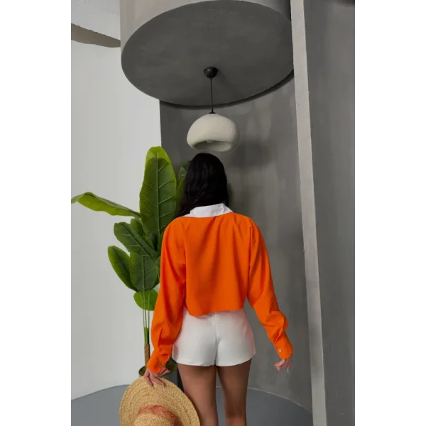 CROP GÖMLEK BEYAZ YAKA VE ETİKET DETAYLI - Orange