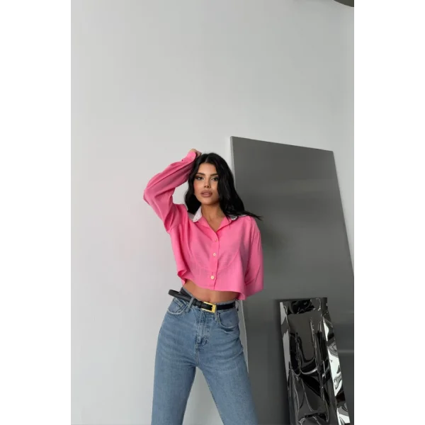 CROP GÖMLEK BEYAZ YAKA VE ETİKET DETAYLI - Pembe