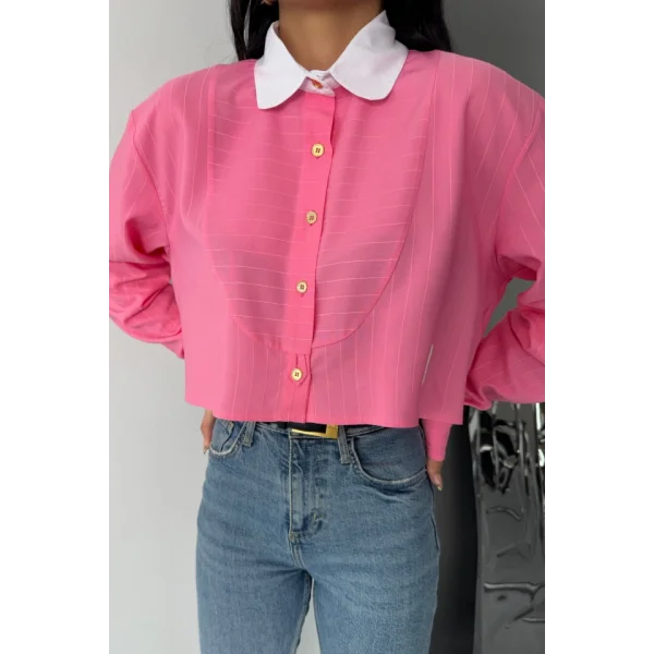 CROP GÖMLEK BEYAZ YAKA VE ETİKET DETAYLI - Pembe