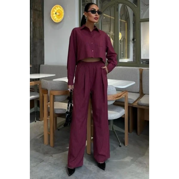 Crop Gömlekli Çizgili Takım 10080