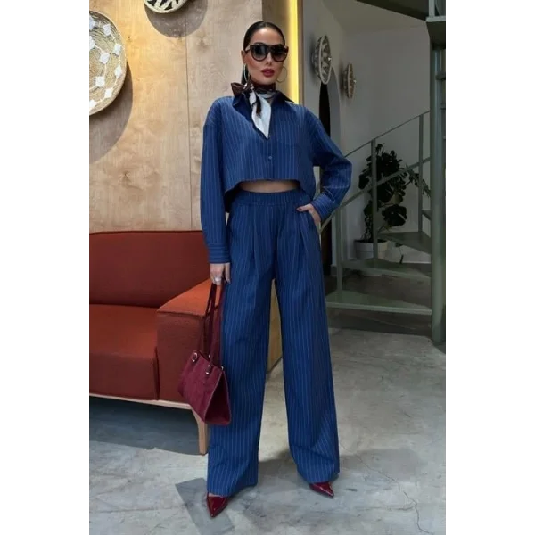 Crop Gömlekli Çizgili Takım 10080