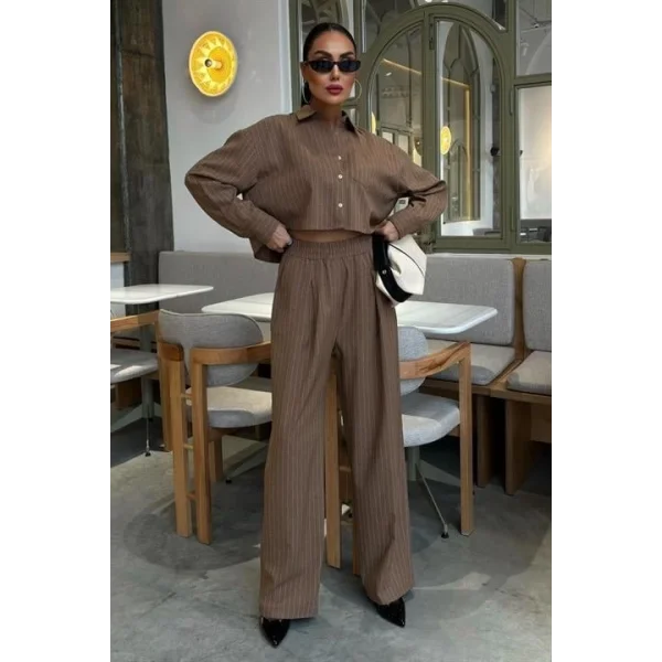 Crop Gömlekli Çizgili Takım 10080