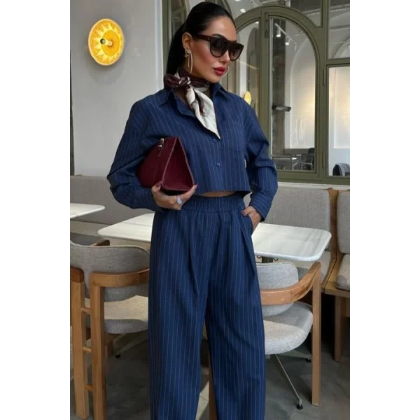 Crop Gömlekli Çizgili Takım 10080