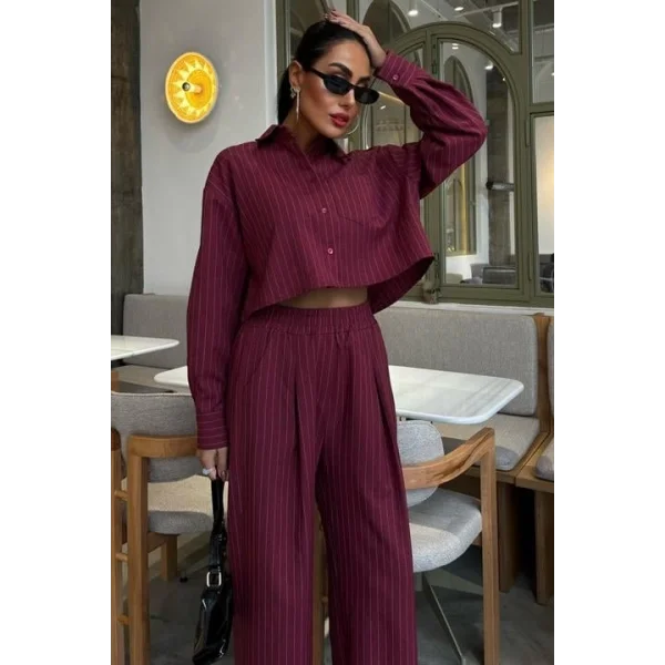 Crop Gömlekli Çizgili Takım 10080