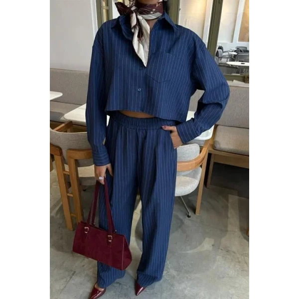 Crop Gömlekli Çizgili Takım 10080