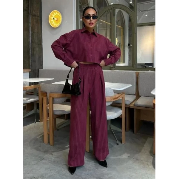 Crop Gömlekli Çizgili Takım 10080