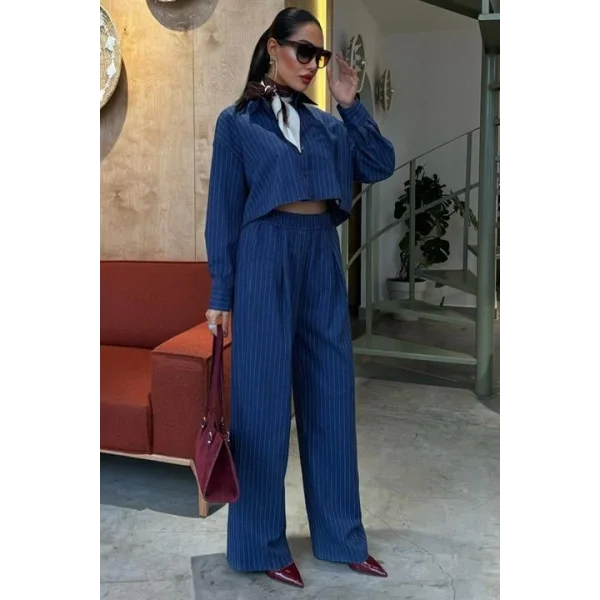 Crop Gömlekli Çizgili Takım 10080