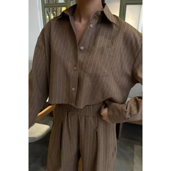 Crop Gömlekli Çizgili Takım 10080