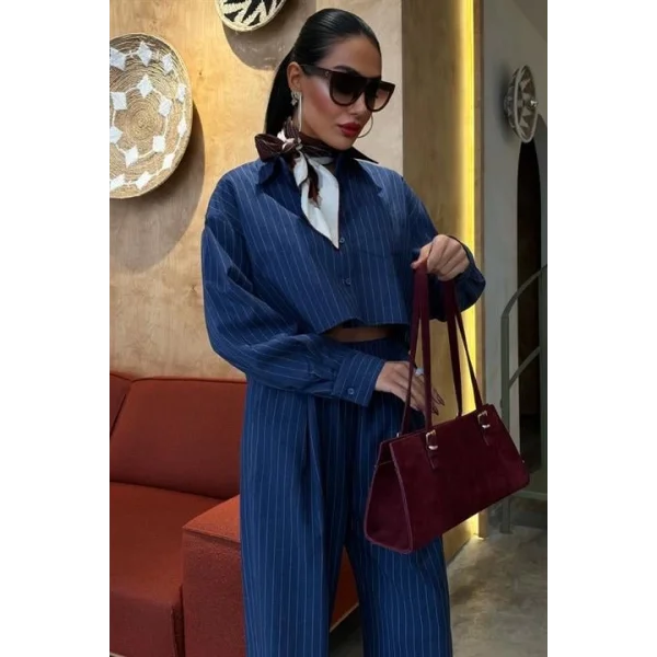 Crop Gömlekli Çizgili Takım 10080