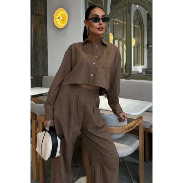 Crop Gömlekli Çizgili Takım 10080