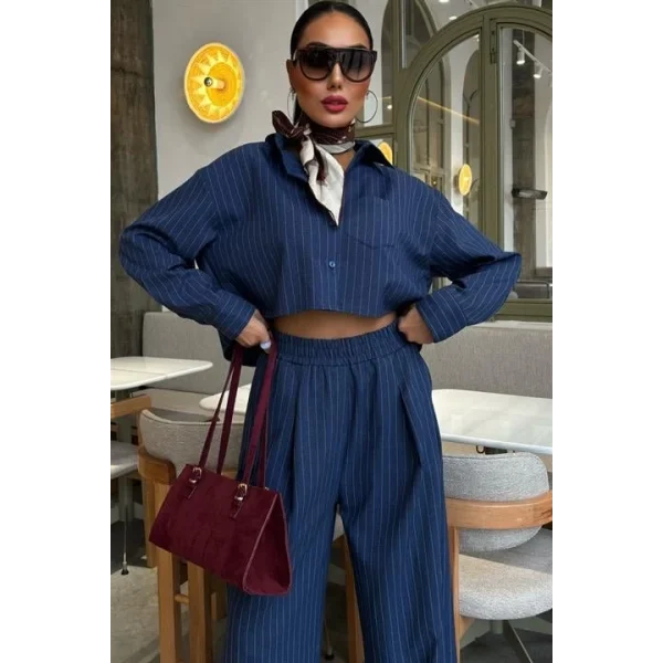 Crop Gömlekli Çizgili Takım 10080