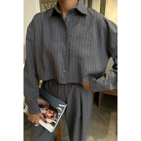 Crop Gömlekli Çizgili Takım 10080