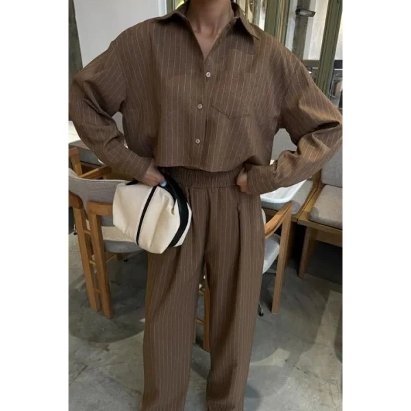 Crop Gömlekli Çizgili Takım 10080