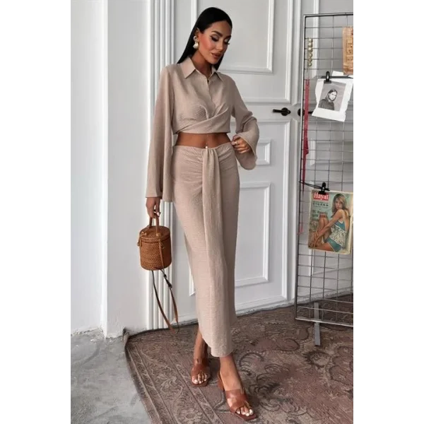 Crop Gömlekli Ve Eteği Büzgülü Tasarım Takım 10195