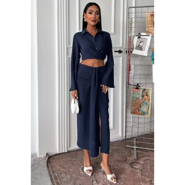 Crop Gömlekli Ve Eteği Büzgülü Tasarım Takım 10195