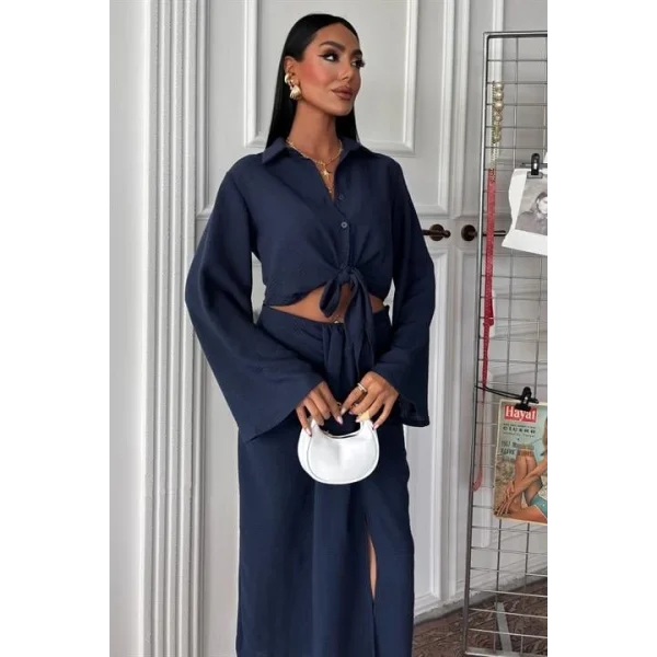 Crop Gömlekli Ve Eteği Büzgülü Tasarım Takım 10195