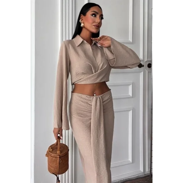 Crop Gömlekli Ve Eteği Büzgülü Tasarım Takım 10195