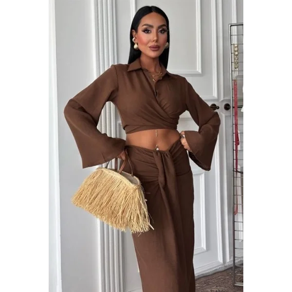 Crop Gömlekli Ve Eteği Büzgülü Tasarım Takım 10195