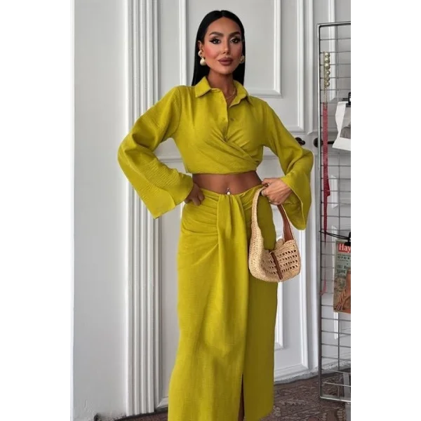 Crop Gömlekli Ve Eteği Büzgülü Tasarım Takım 10195