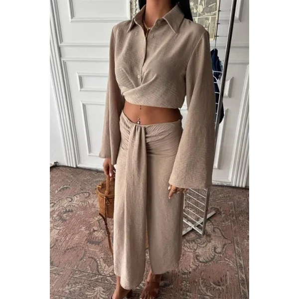 Crop Gömlekli Ve Eteği Büzgülü Tasarım Takım 10195