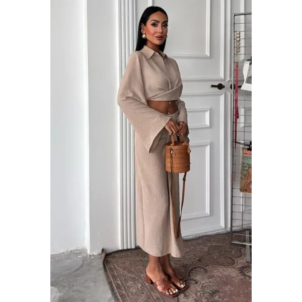 Crop Gömlekli Ve Eteği Büzgülü Tasarım Takım 10195
