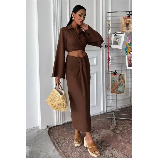 Crop Gömlekli Ve Eteği Büzgülü Tasarım Takım 10195