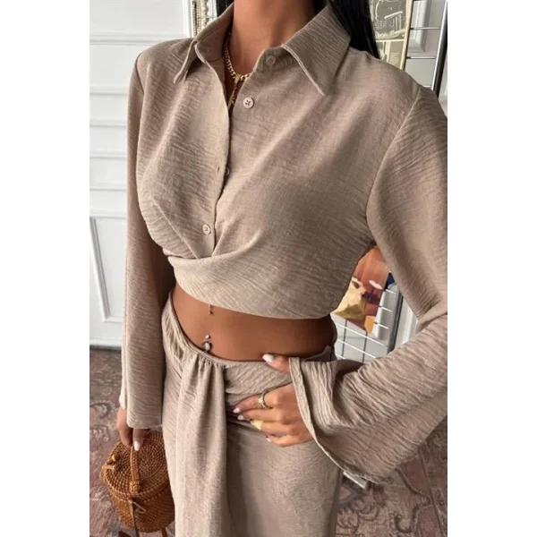 Crop Gömlekli Ve Eteği Büzgülü Tasarım Takım 10195