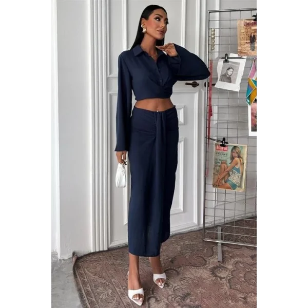 Crop Gömlekli Ve Eteği Büzgülü Tasarım Takım 10195