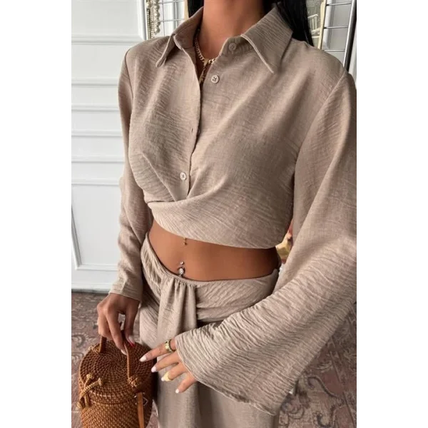 Crop Gömlekli Ve Eteği Büzgülü Tasarım Takım 10195