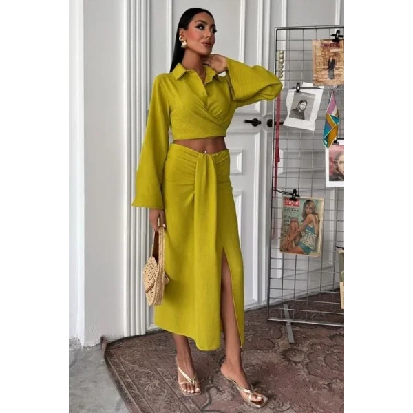 Crop Gömlekli Ve Eteği Büzgülü Tasarım Takım 10195