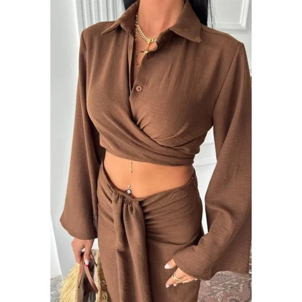 Crop Gömlekli Ve Eteği Büzgülü Tasarım Takım 10195