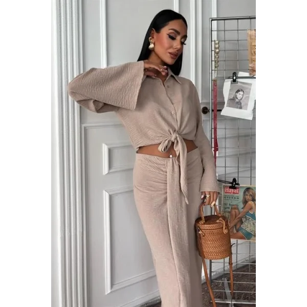 Crop Gömlekli Ve Eteği Büzgülü Tasarım Takım 10195