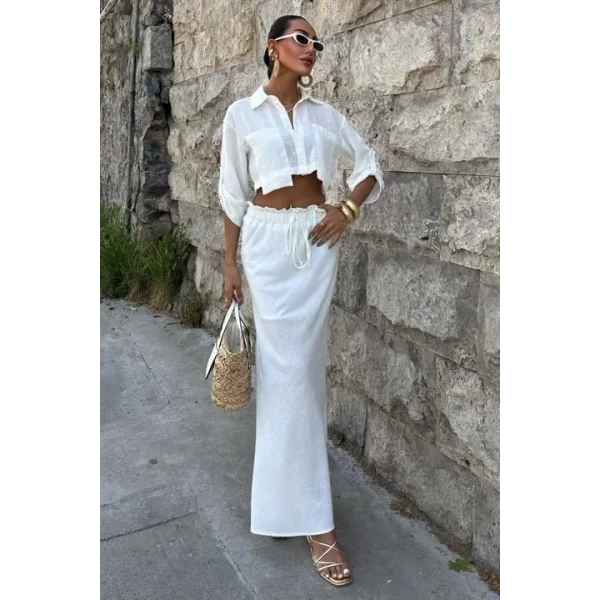 Crop Gömlekli Ve Eteği Büzgülü Tasarım Takım 10201