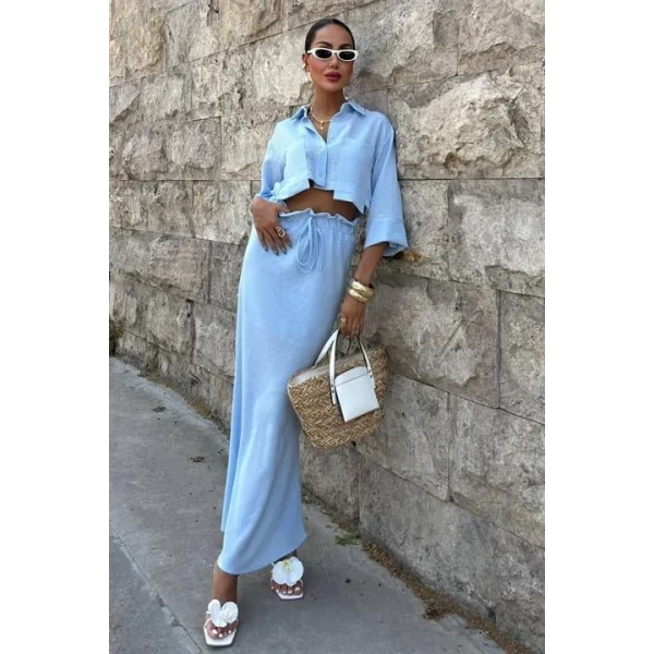 Crop Gömlekli Ve Eteği Büzgülü Tasarım Takım 10201