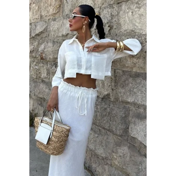 Crop Gömlekli Ve Eteği Büzgülü Tasarım Takım 10201