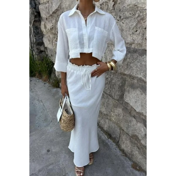 Crop Gömlekli Ve Eteği Büzgülü Tasarım Takım 10201