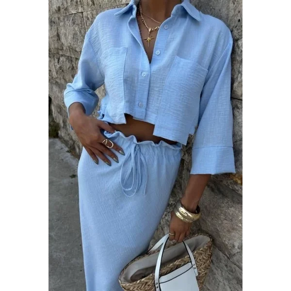 Crop Gömlekli Ve Eteği Büzgülü Tasarım Takım 10201